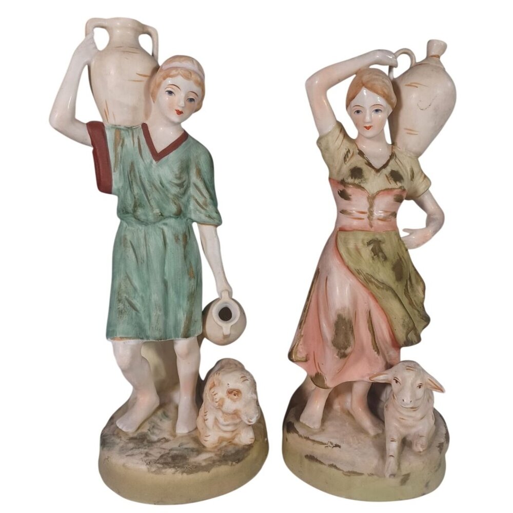 Vintage French-Style Water Bearer Man and Woman With Sheep Pastoral Figurines